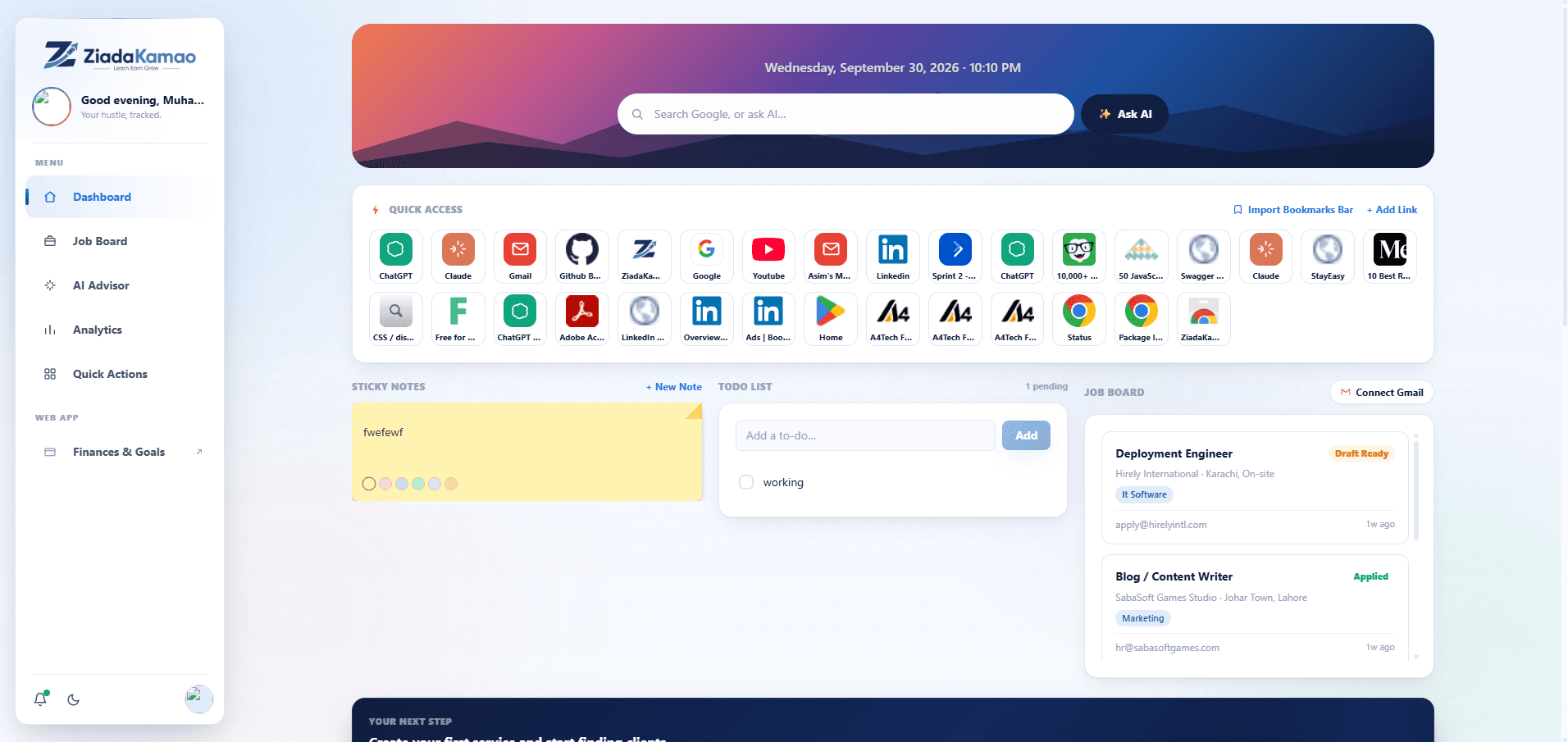 The ZiadaKamao extension's new-tab dashboard, showing Quick Access, Sticky Notes, Todo List, and Job Board